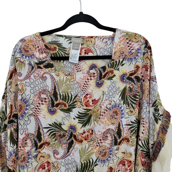 Chico's Multi-Print Poncho Top Blouse S/M Multicolor Oversized Fringed Boho - Picture 6 of 15
